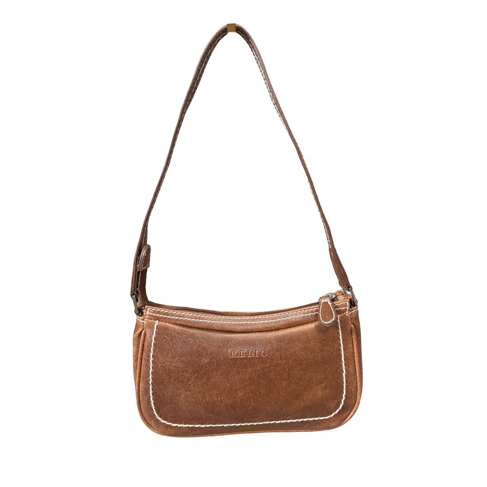 Y2K Relic Shoulder Bag Cognac Brown Faux Leather Baguette Contrast Stitching